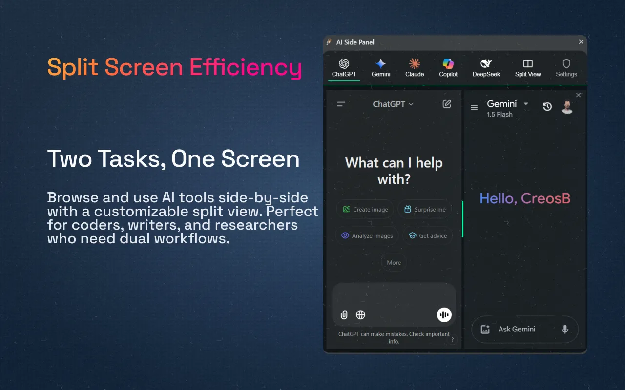 AI Side Panel with split-screen view